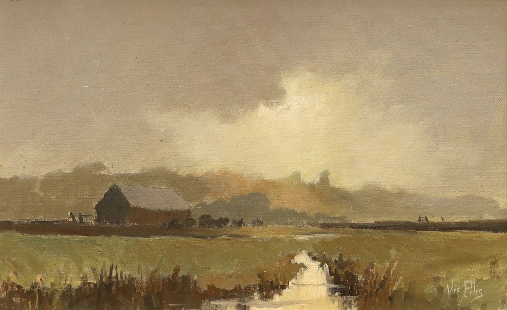 Vic Ellis (1921-1984) oil on canvas, landscape with farm buildings, signed, 24 x 39cm, ornate gilt frame